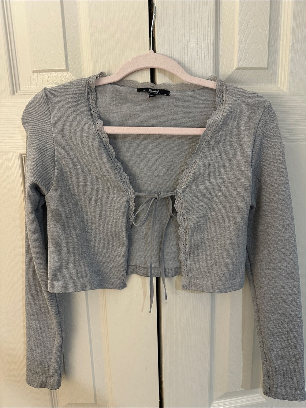 Papaya Gray Tie-Front Cropped Cardigan